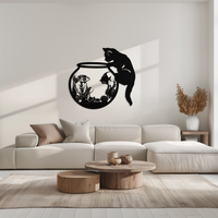 Curious Cat and Fishbowl Metal Wall Art - Playful Geometric Steel Decor - KAF135