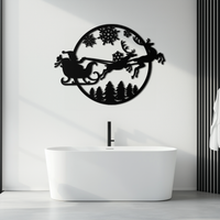 Santa Sleigh Metal Wall Art - Christmas Reindeer & Snowflake Decor- KAF287