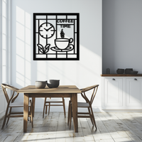 Coffee Time Metal Wall Art – Coffee Cup and Clock Design for Kitchen and Cafe Decor- KAF360