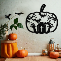 Halloween Cemetery Pumpkin Metal Wall Art – Spooky Black Steel Halloween Decor- KAF504