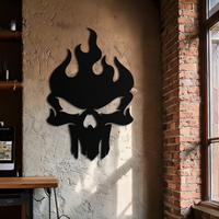 Flaming Skull Metal Wall Art – Bold Gothic Flame Skull Design- KAF623