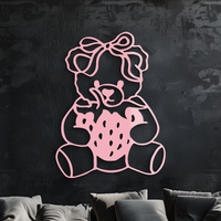 Pink Teddy Bear with Strawberry Metal Wall Art – Cute Bow Design for Kids Room - KAFGP020