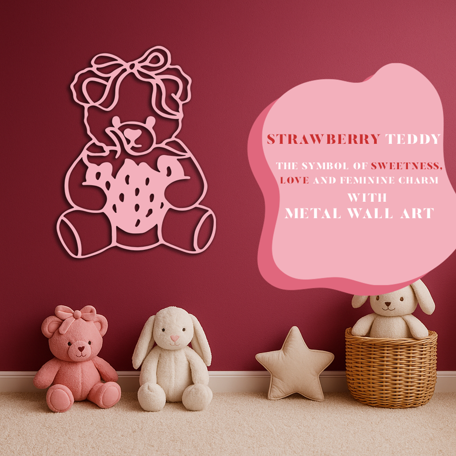 STRAWBERRY TEDDY: THE SYMBOL OF SWEETNESS, LOVE AND FEMININE CHARM WITH METAL WALL ART