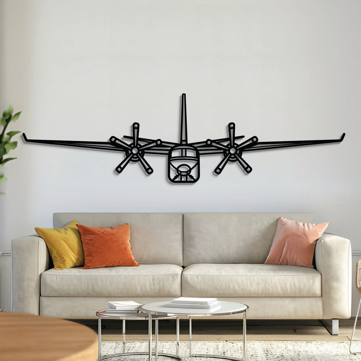 ’1000’ front-view metal aircraft wall art, laser‑cut 2 mm steel with matte textured finish and subtle 3D elevation