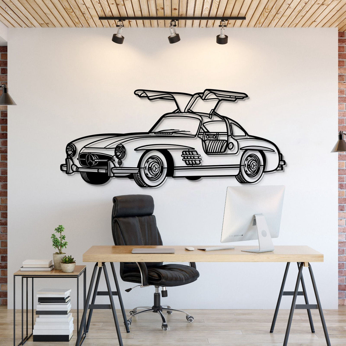 Mercedes-Benz 300 SL Gullwing (1955) perspective metal wall art – laser-cut 2 mm textured steel with matte powder-coat finish