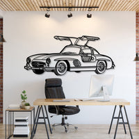 Mercedes-Benz 300 SL Gullwing (1955) perspective metal wall art – laser-cut 2 mm textured steel with matte powder-coat finish