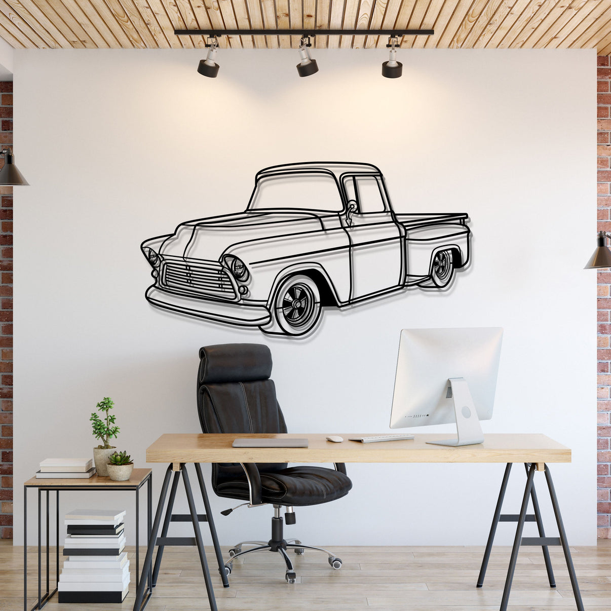 1956 Chevrolet Apache 3100 Big Window perspective metal wall art – classic truck silhouette décor