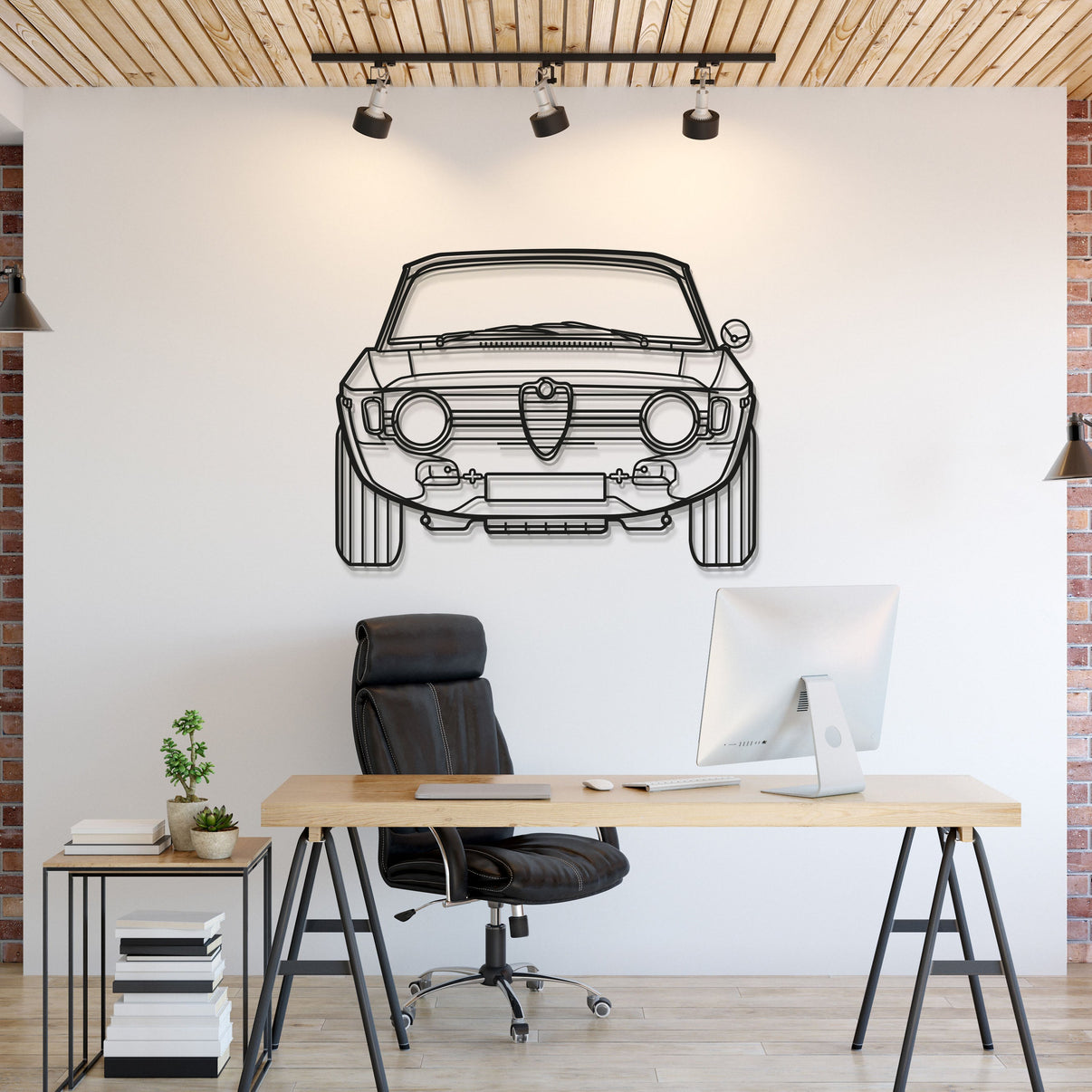 Invite automotive elegance into your space with a 1967 Alfa Romeo Giulia rendered in chic metal wall art