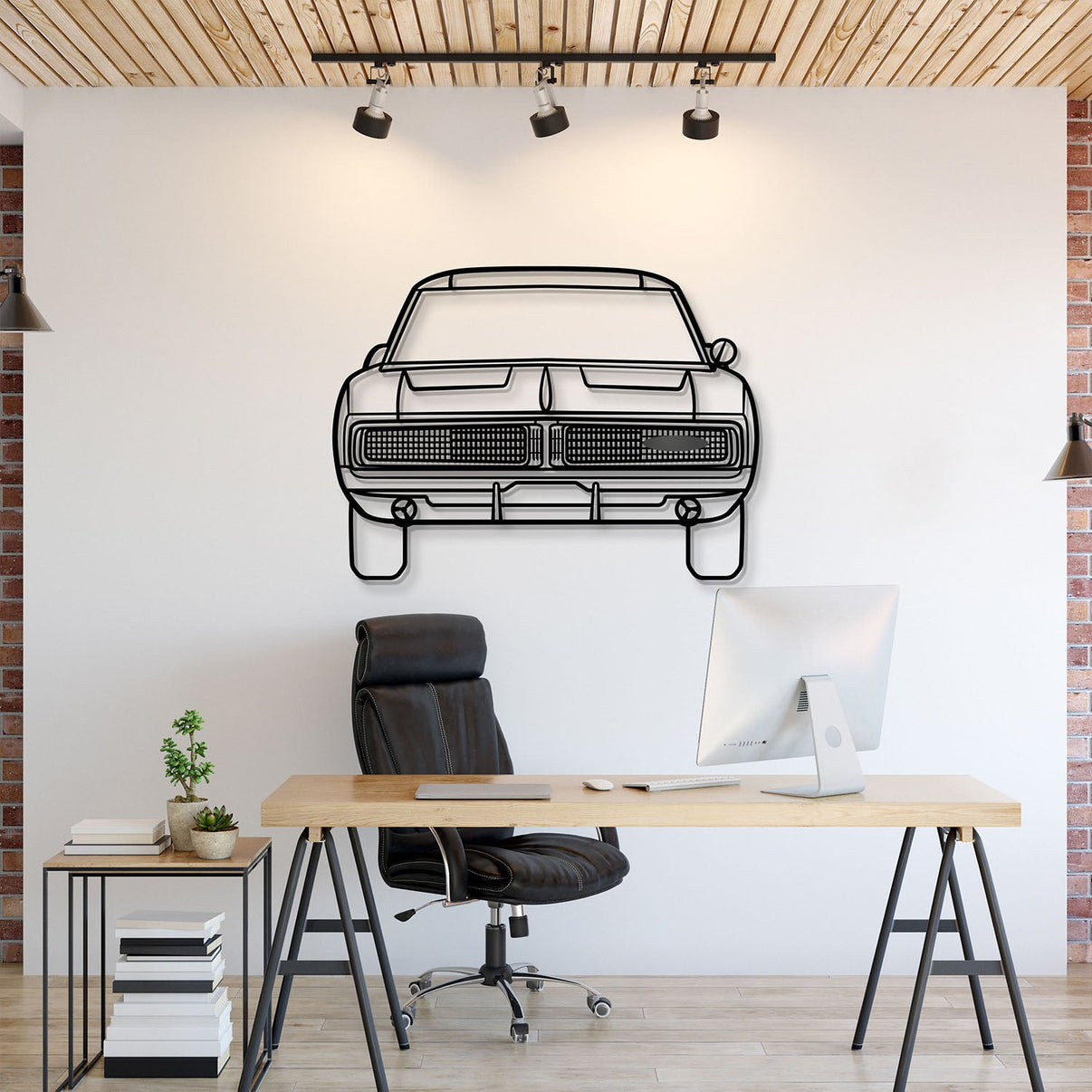 1969 Dodge Challenger front view metal wall art – laser‑cut steel silhouette with matte powder‑coated finish