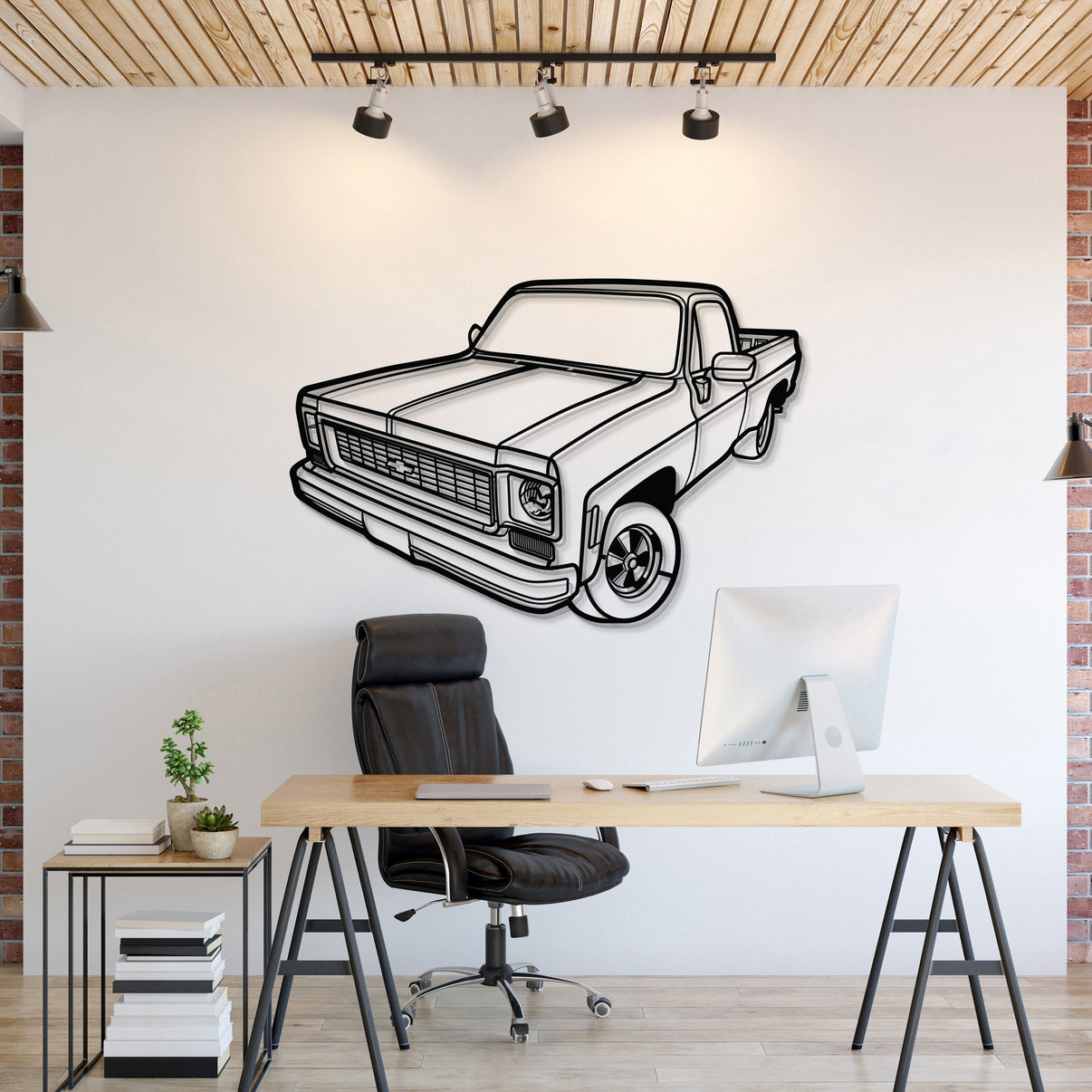 Chevrolet C10 (1973) perspective metal wall art – laser-cut 2 mm textured steel with matte powder-coat finish