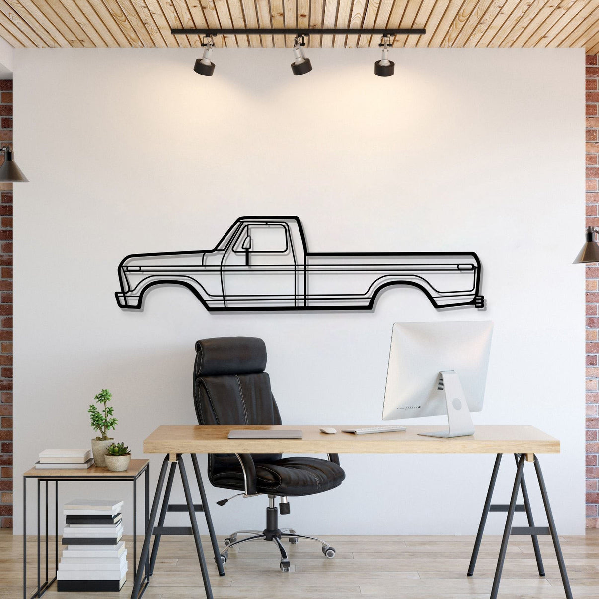 Metal car wall art featuring Ford F-150 6th Gen 1975 enhancing garage décor