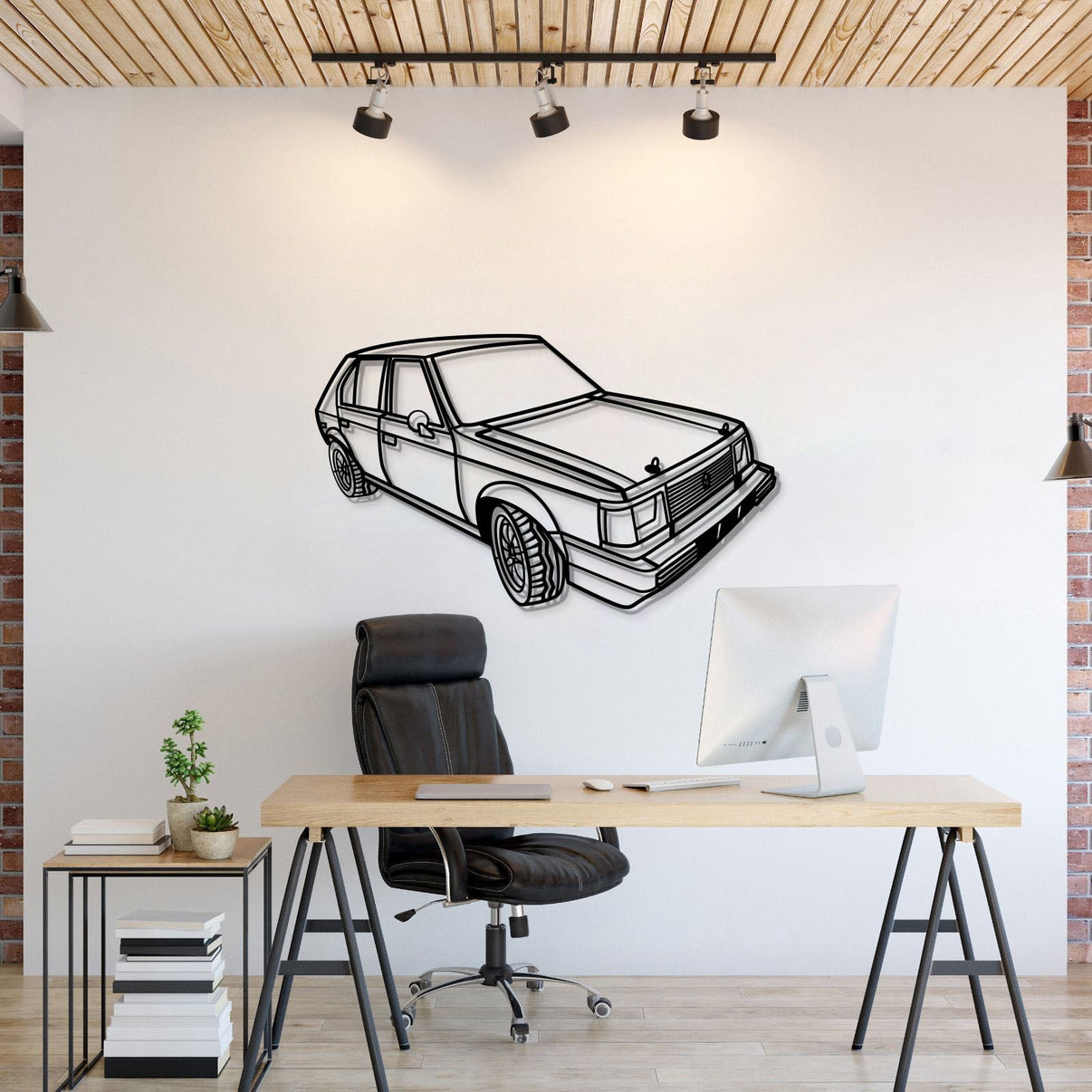 Plymouth Horizon (1980) perspective metal wall art – laser-cut 2 mm textured steel with matte powder-coat finish