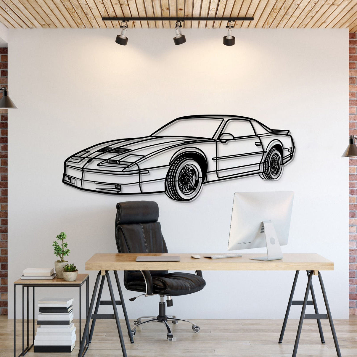 Pontiac Trans Am (1988) perspective metal wall art – laser-cut 2 mm textured steel with matte powder-coat finish