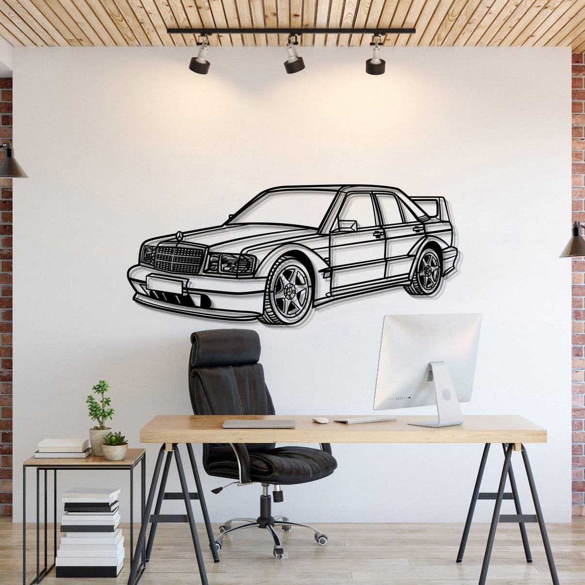 1990 190E 2.5‑16 EVO II perspective metal wall art laser cut steel silhouette