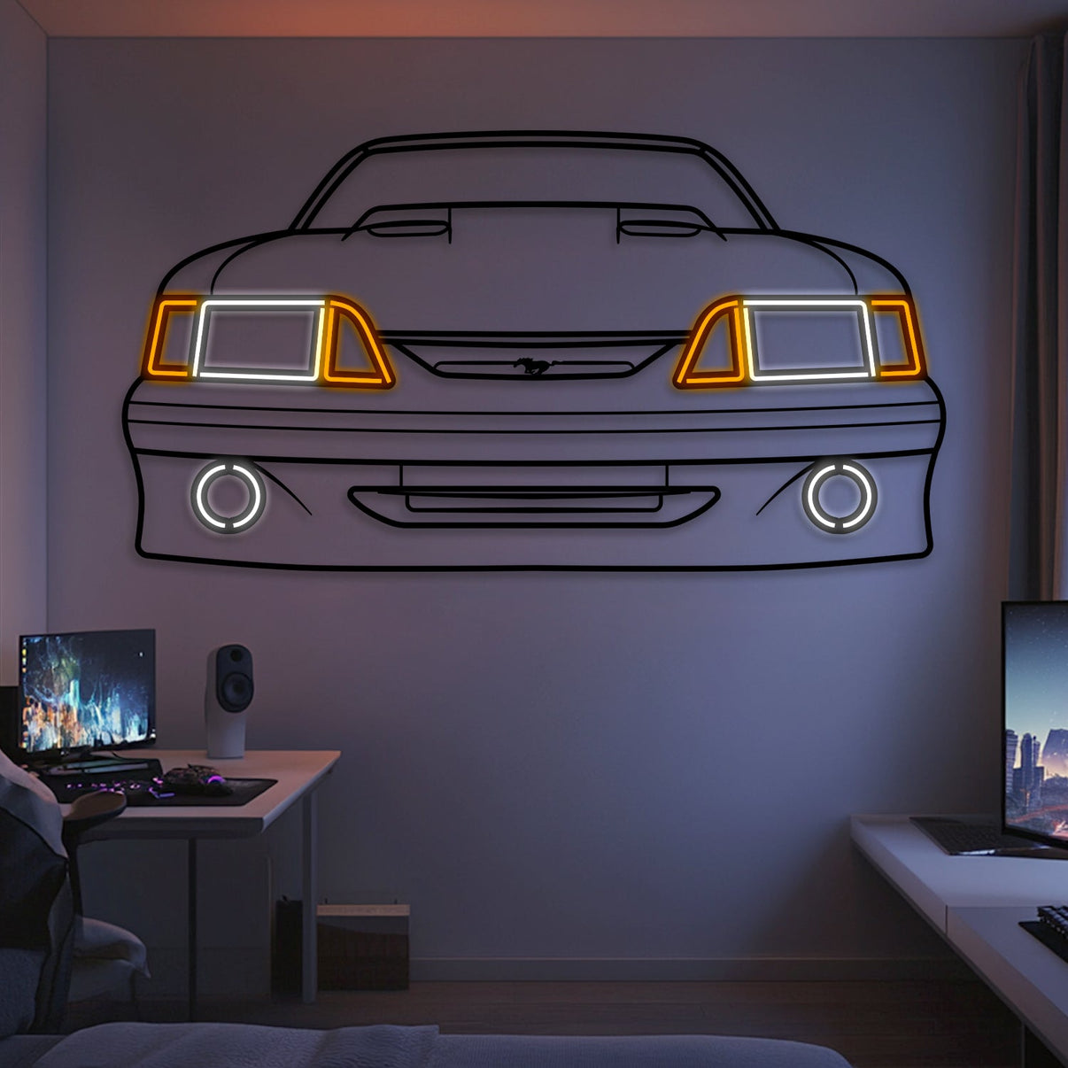 1991 Mustang front view neon-lit metal wall art