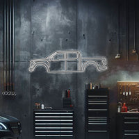 Ford F‑150 Raptor neon metal wall art – laser‑cut 3 mm steel silhouette with glowing neon trim and 3D elevation
