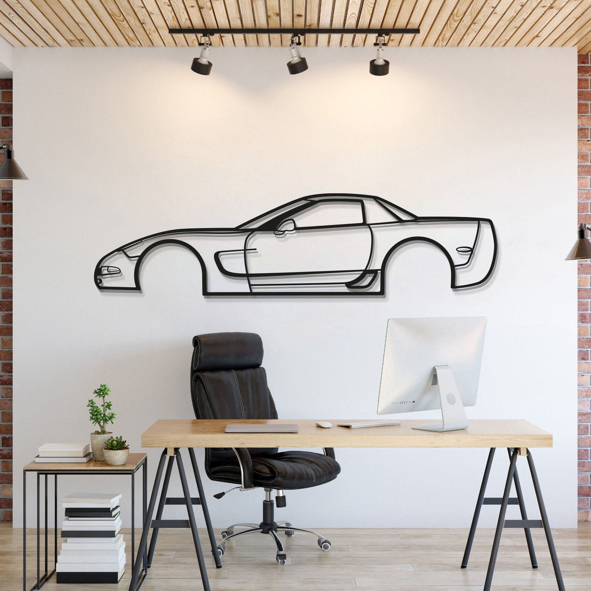2001 Corvette Z06 metal wall art made from laser-cut 2 mm steel with matte textured finish and elevation screws for a floating 3D effect.
