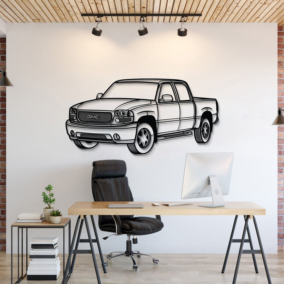 GMC Sierra Denali 1500 Crew Cab (2005) perspective metal wall art – laser-cut 2 mm textured steel with matte powder-coat finish