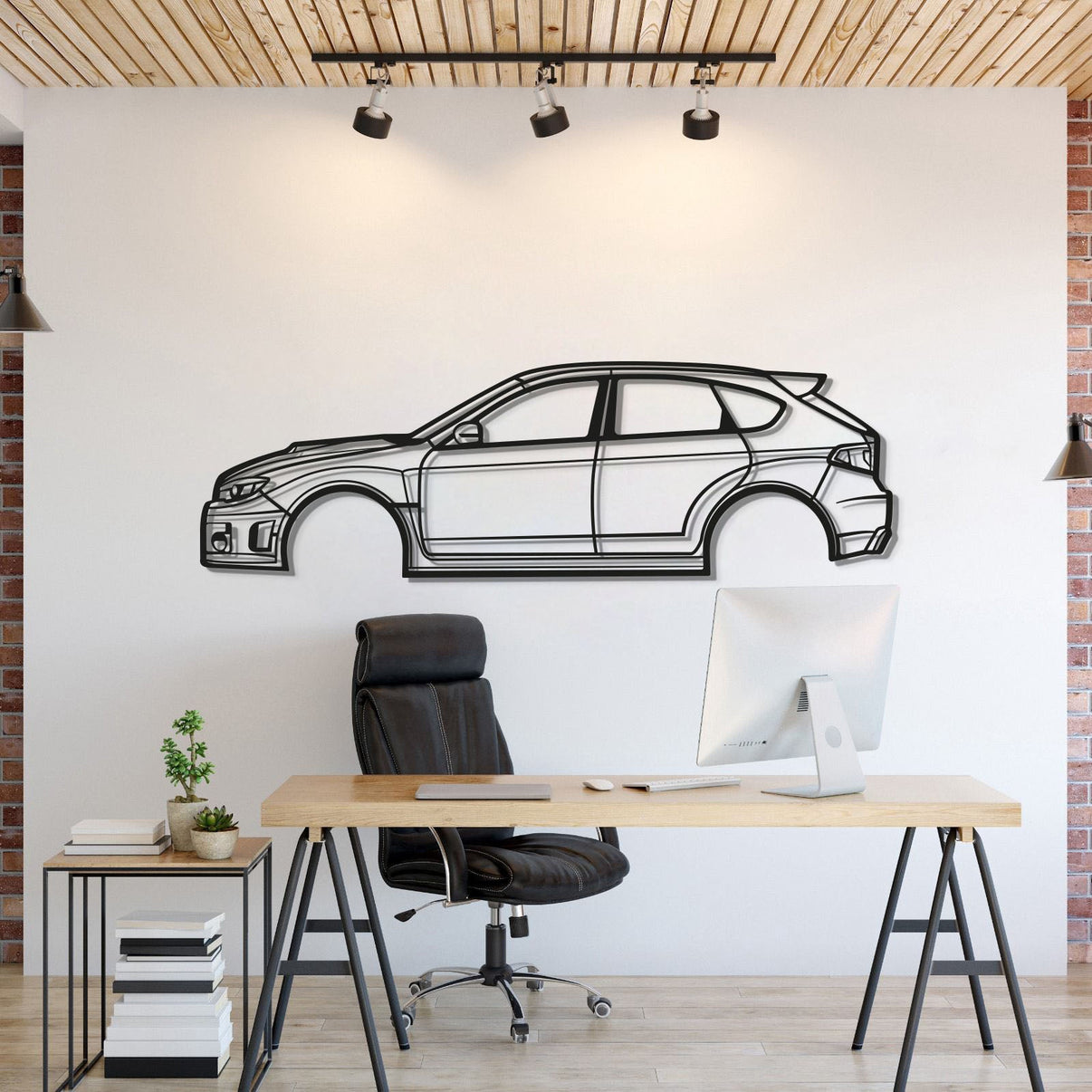 Metal car wall art featuring Subaru WRX STI Hatchback 2013 enhancing garage décor