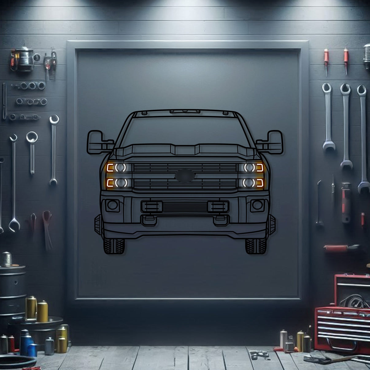 2015 Chevrolet Silverado 2500HD front view metal neon wall art – laser‑cut steel silhouette with neon‑lit headlights and matte powder‑coat finish