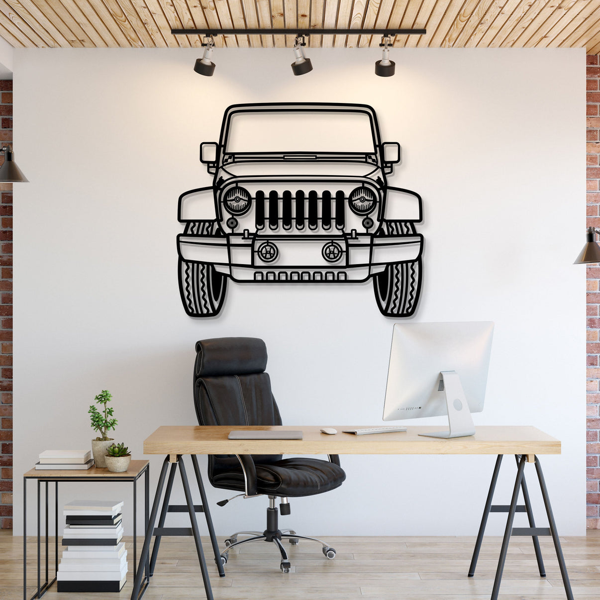 2015 Jeep Wrangler front view metal wall art – laser-cut steel silhouette with matte powder-coated finish