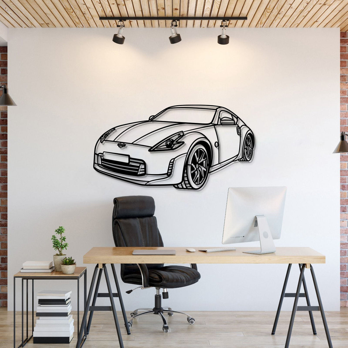 Nissan 370Z (2015) perspective metal wall art – laser‑cut 2 mm textured steel with matte powder‑coat finish