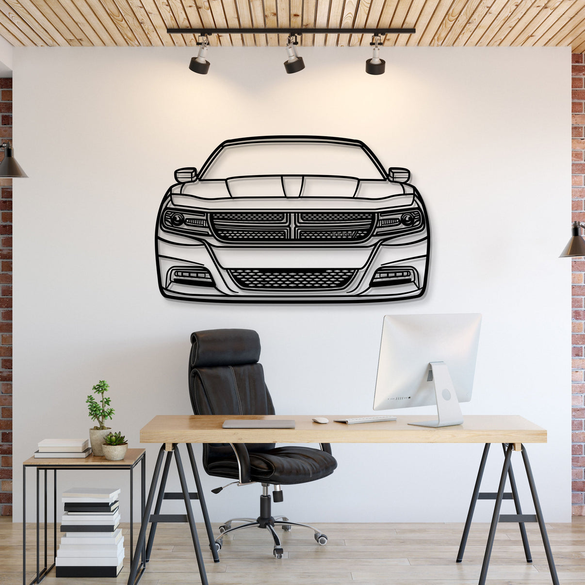 2016 Dodge Charger front view metal wall art – laser-cut steel silhouette with matte powder-coated finish