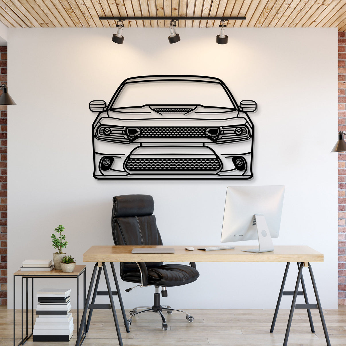 2019 Dodge Charger front view metal wall art – laser-cut steel silhouette with matte powder-coated finish