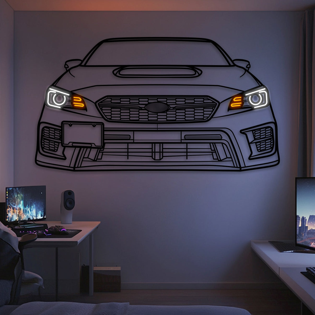 2020 WRX STI front view neon-lit metal wall art