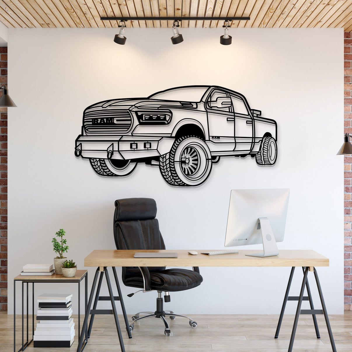 2020 RAM 1500 perspective view metal wall art – laser‑cut steel silhouette with matte powder‑coat finish
