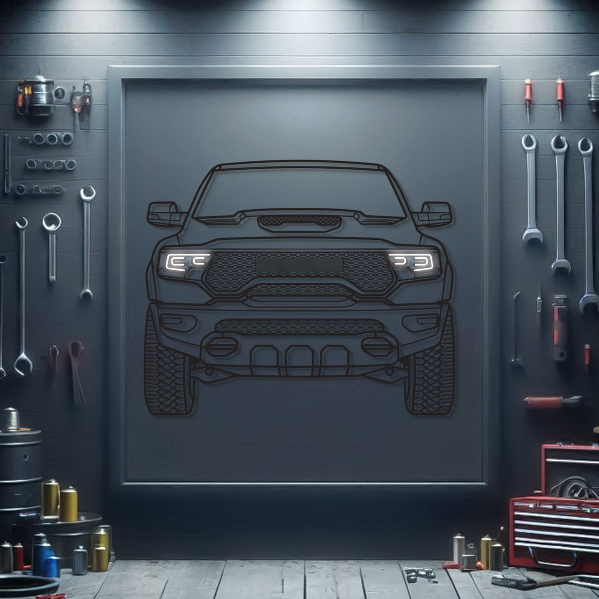 RAM 1500 TRX front view neon car wall sculpture – rugged industrial style for motorsport fans