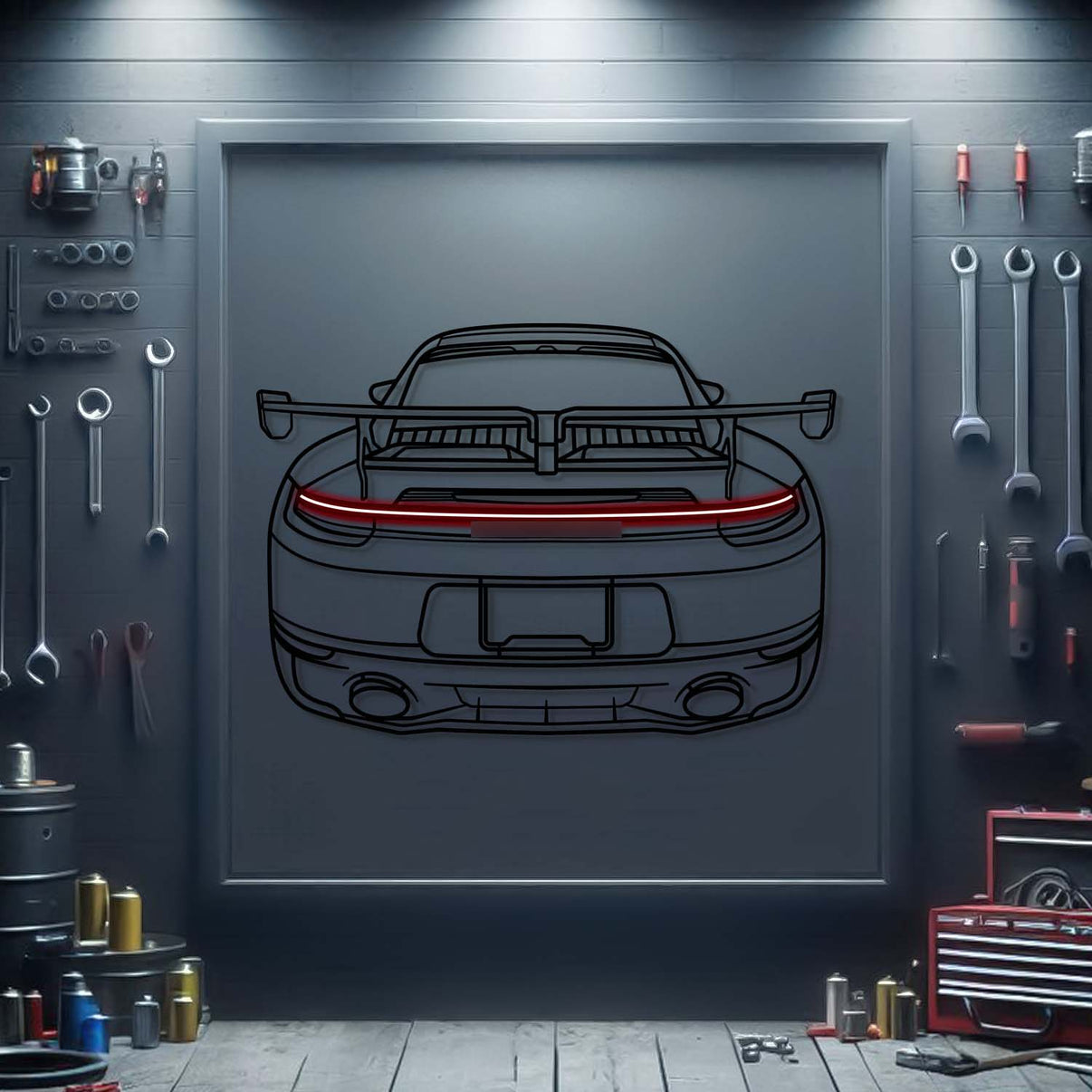 2022 Porsche Carrera 4S back view neon car wall sculpture – sleek industrial décor for modern interiors