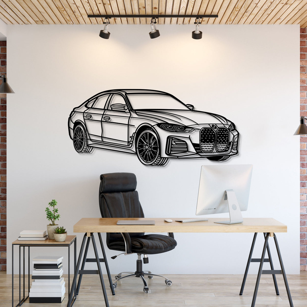 2023 BMW i4 perspective metal wall art – modern electric sedan silhouette décor