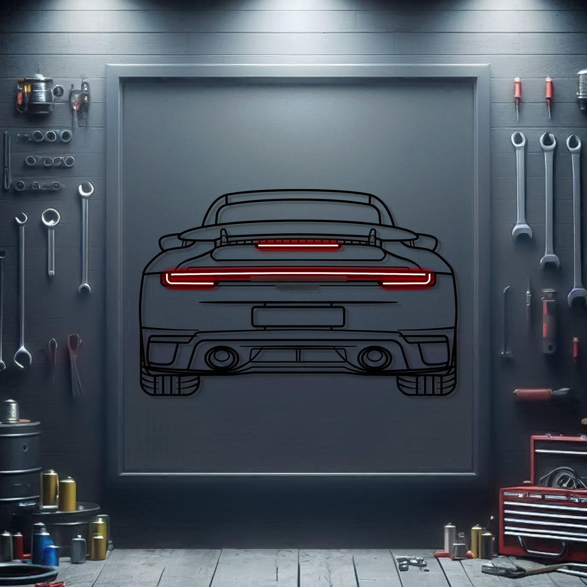 2024 911 Turbo S rear view neon‑lit metal wall art