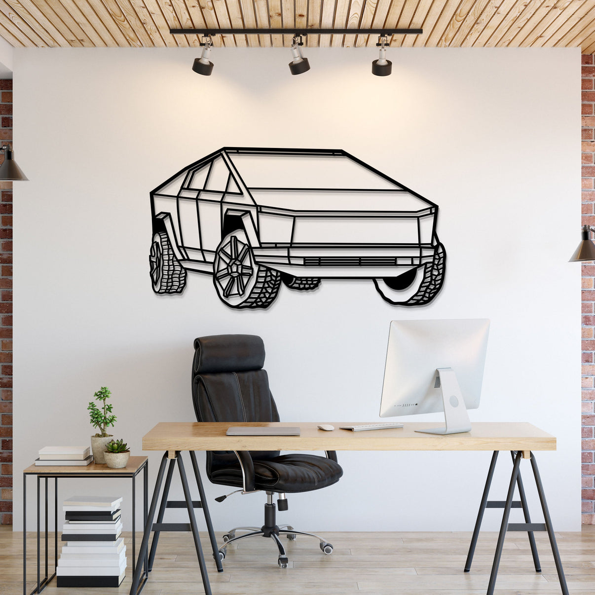 Tesla Cybertruck (2025) perspective metal wall art – laser‑cut 2 mm textured steel with matte powder‑coat finish