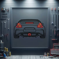 Nissan 370Z rear view neon metal wall art – laser-cut 3 mm textured steel with matte powder-coat finish
