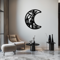 Haunted Moon Halloween Metal Wall Art - Witch & Castle Silhouette - KAF274
