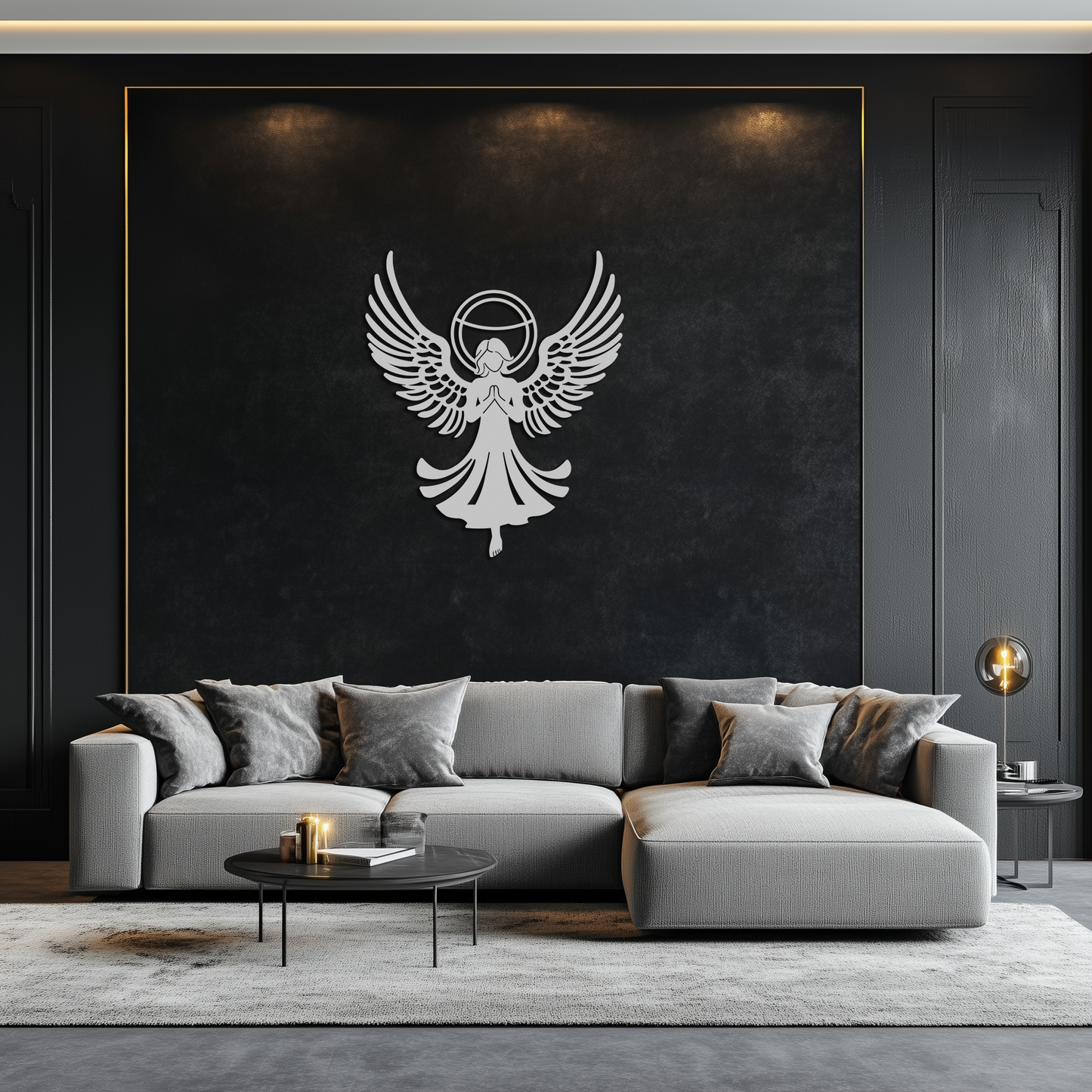 Guardian Angel Metal Wall Art – Spiritual Angel Silhouette with Halo for Home Blessing Decor- KAF359
