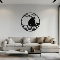 Cute Whale Ocean Scene Metal Wall Art – Playful Circular Black Steel Decor for Kids Rooms, Nurseries, and Coastal Interiors- KAF443