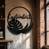 Personalized Tropical Leaves Metal Wall Art – Custom Text Circular Black Steel Decor for Modern Home and Event Spaces- KAF444