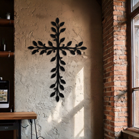 Leaf Cross Metal Wall Art - Elegant Botanical Christian Home Decor- KAF482