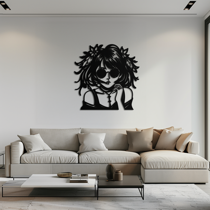 Anime Girl Silhouette Metal Wall Art – Black Steel Artistic Modern Home Decor- KAF490