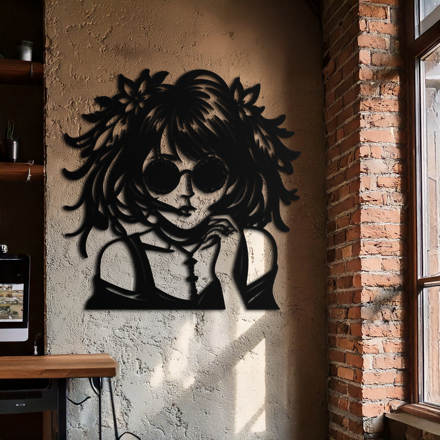 Anime Girl Silhouette Metal Wall Art – Black Steel Artistic Modern Home Decor- KAF490