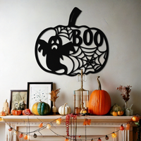 Halloween Pumpkin Ghost Metal Wall Art – Spooky Black Steel Holiday Decoration- KAF501