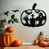Halloween Ghost Pumpkin Metal Wall Art – Black Steel Spooky Holiday Decoration- KAF503