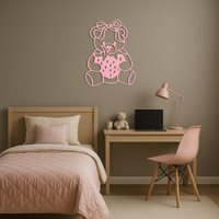 Pink Teddy Bear with Strawberry Metal Wall Art – Cute Bow Design for Kids Room - KAFGP020