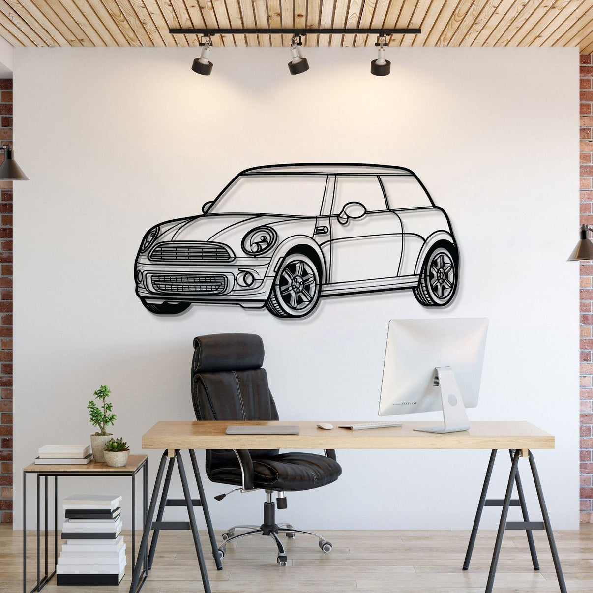 Mini Cooper perspective metal wall art – classic British hatchback silhouette décor