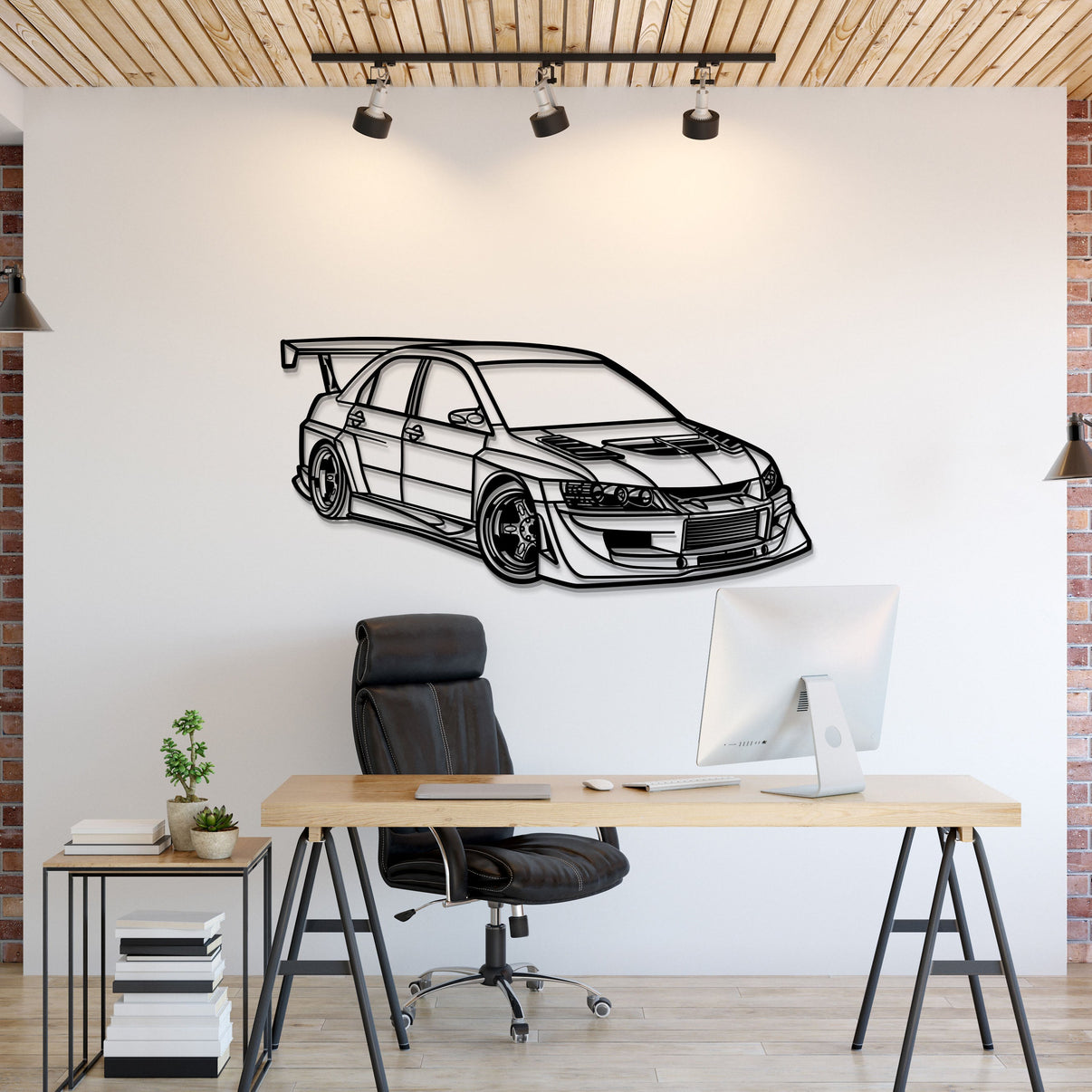 Mitsubishi Lancer Evolution IX (Evo IX) perspective metal wall art – laser-cut 2 mm textured steel with matte powder-coat finish