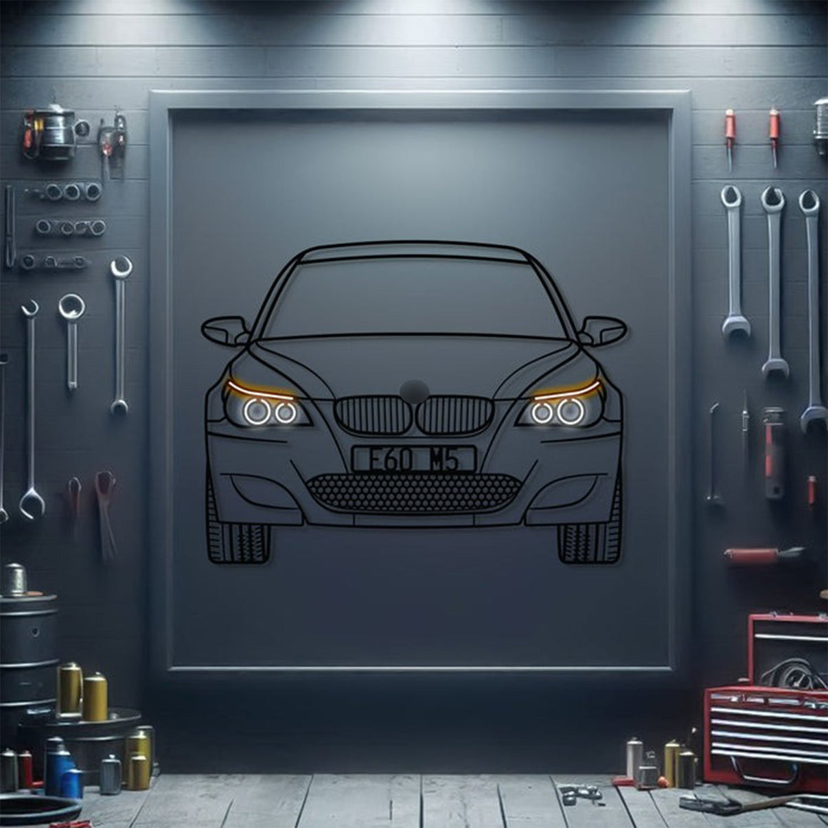 BMW E60 M5 front-view metal neon wall art – laser-cut steel décor for performance sedan fans