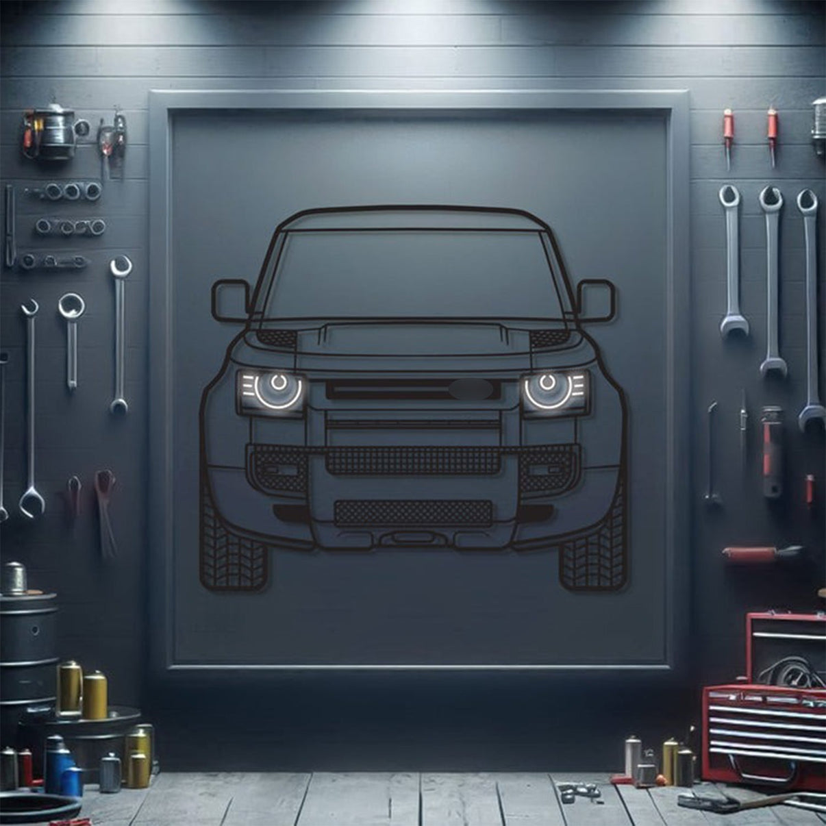 2020 Land Rover Defender front view metal neon car wall art – laser‑cut steel décor for off‑road SUV enthusiasts